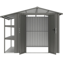 Abri de jardin métallique ouvert avec étagères