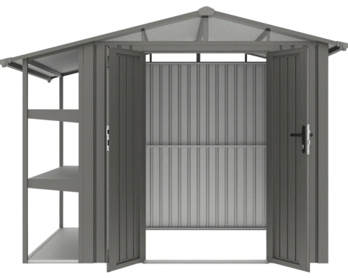 Abri de jardin métallique ouvert avec étagères