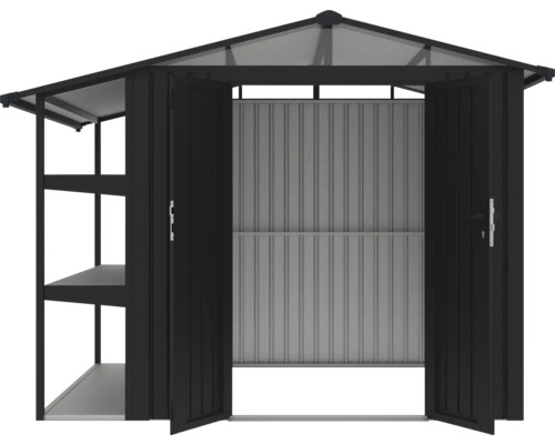 Offener Geräteschuppen mit Regalen