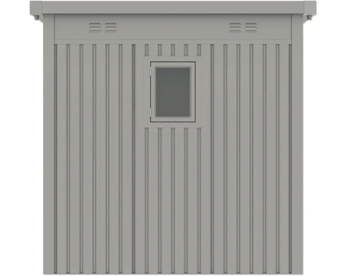 Vue d'un mur de cabanon de jardin avec fenêtre et fentes d'aération