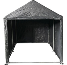 Abri gris avec cadre métallique et revêtement résistant aux intempéries.