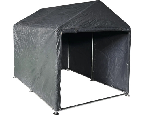 Abri gris avec cadre en métal et bâche