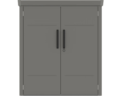 Armoire à outils grise avec deux portes et poignées
