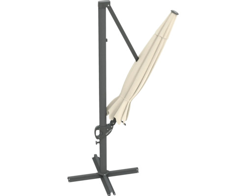 Freiarmschirm mit beigem Schirmtuch und grauem Metallgestell