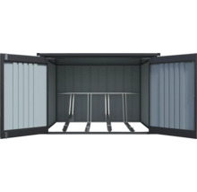 Box à vélos en métal avec portes ouvertes et support à vélos