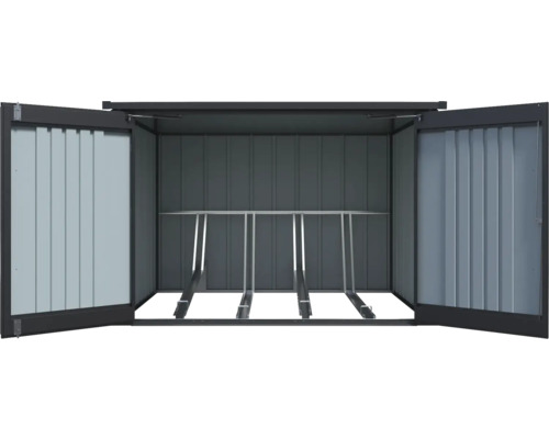 Box à vélos en métal avec portes ouvertes et support à vélos