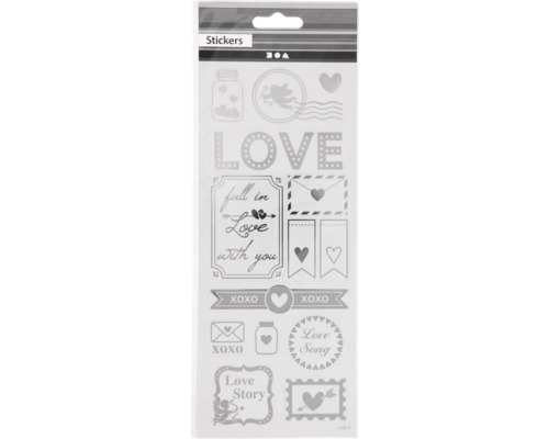 Sticker selbstklebend Love, silber, 10x24 cm Aufkleber mit verschiedenen Liebesmotiven