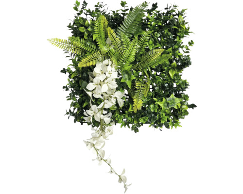 Künstliche Pflanzenwand Tropical Flair 38 x 38 cm Künstliches Pflanzenpaneel mit Farn und weißen Blüten