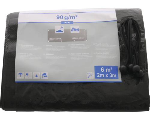 Schwarze Gewebeplane mit einer Größe von 2 mal 3 Meter und einem Flächengewicht von 90 Gramm pro Quadratmeter.