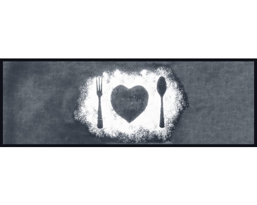 Tapis de cuisine tapis anti-salissures noir 50x150 cm (au mètre) Image de fourchette, cœur et cuillère, dessinés à la farine