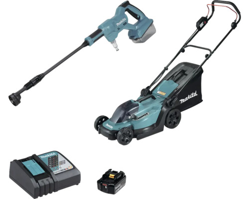 Makita Akku-Set mit Rasenmäher, Hochdruckreiniger, Akku und Ladegerät
