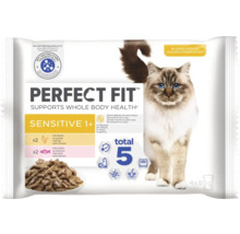Aliment pour chat Perfect Fit Sensitive 1+ en emballage de 4 fois 85 grammes avec poulet et saumon