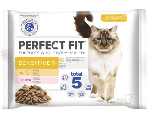 Aliment pour chat Perfect Fit Sensitive 1+ en emballage de 4 fois 85 grammes avec poulet et saumon
