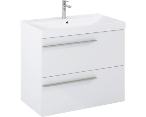 Weisser Waschtischunterschrank mit zwei Schubladen und Aufsatzwaschbecken
