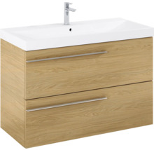 Waschtischunterschrank mit zwei Schubladen, Holzstruktur und Aufsatzwaschbecken