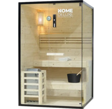 Holzsauna mit Glasfront, Bänken, Ofen und Zubehör