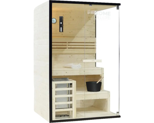 Sauna mit Holzeinrichtung und Glastür