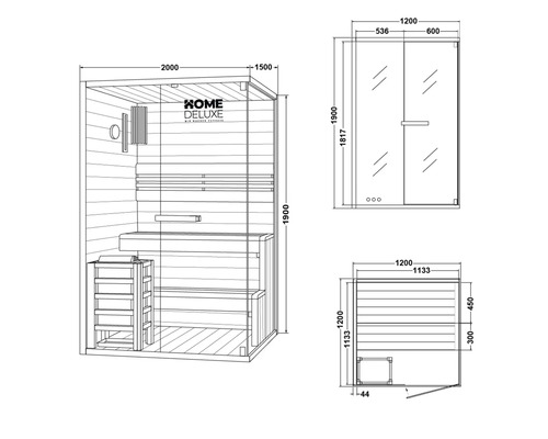 Technische Zeichnung einer Sauna mit Massangaben