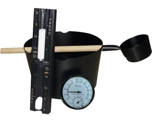 Sauna-Set mit Eimer, Schöpfkelle, Thermo-Hygrometer und Badezusatzdosierer