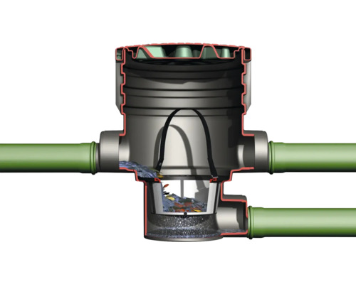 Schnittansicht eines Hofablaufs mit Laubkorb und Anschlussrohren