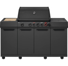 Gril à gaz noir avec indicateur de température, boutons de commande et espace de rangement