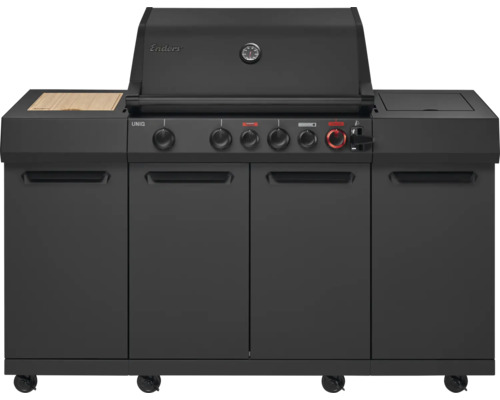 Gril à gaz noir avec indicateur de température, boutons de commande et espace de rangement