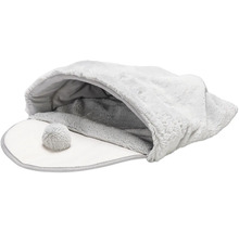Tanière pour chat en peluche grise avec pompon