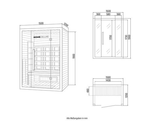 Technische Zeichnung einer Home Deluxe Sauna mit Maßangaben in Millimeter