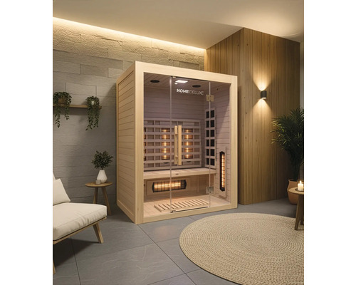 Innenraumansicht einer Home Deluxe Sauna mit Glasfront, Holzverkleidung und Infrarotstrahlern