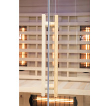 Nahaufnahme einer Saunatür aus Glas mit Holzgriffen