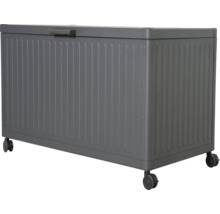 Graue Aufbewahrungsbox aus Metall mit Rädern und Griff am Deckel