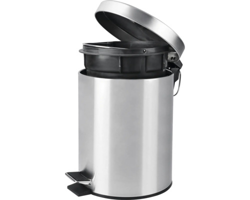 Treteimer aus Edelstahl mit geöffnetem Deckel