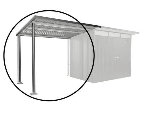 Detailansicht eines Carports mit Metallpfosten und Dachkonstruktion