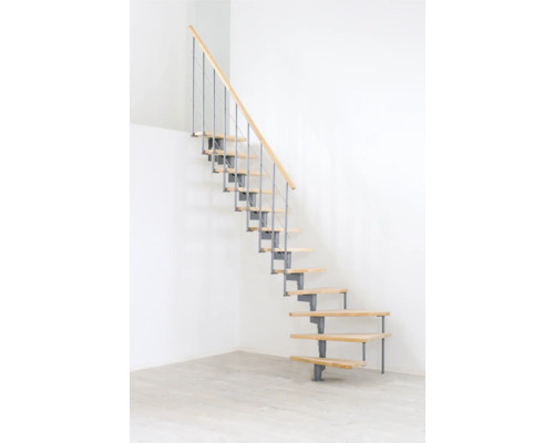 Pertura Mittelholmtreppe Kolina perlgrau 76 cm Stabgeländer Buche Leimholz Lackiert 12 Stück Stufen - 13 Steigungen Holztreppe mit Metallgeländer im hellen Raum