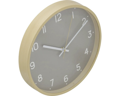 Horloge murale avec cadre en bois clair et cadran gris