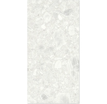 Gros plan d'un carreau de sol avec aspect terrazzo.