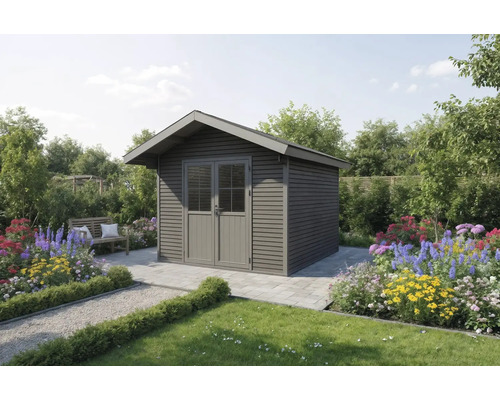 Gartenszene mit Holzgartenhaus, Gartenbank und Blumen