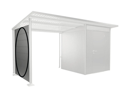 Überdachter Stellplatz mit Seitenwand und Geräteschuppen