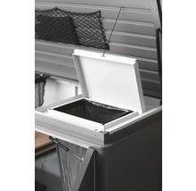 Mülltrennsystem mit offenem Deckel und Netztasche zur Abfalltrennung