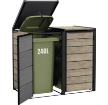 Double abri poubelle avec revêtement en bois et une poubelle ouverte de 240 litres
