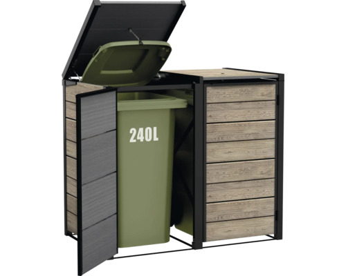 Double abri poubelle avec revêtement en bois et une poubelle ouverte de 240 litres