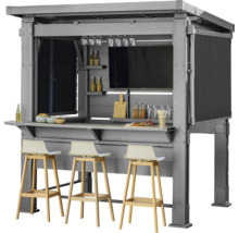 Bar extérieur gris avec trois tabourets de bar, télévision et porte-boissons.