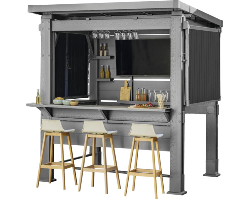 Bar extérieur gris avec trois tabourets de bar, télévision et porte-boissons.