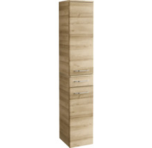 Armoire haute de salle de bain en bois avec tiroirs et poignées en métal