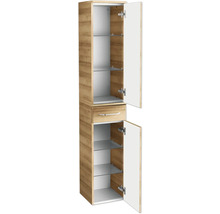 Armoire haute avec tiroir et portes ouvertes avec étagères en verre