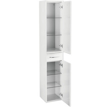 Armoire haute blanche avec tiroir et portes ouvertes dévoilant des étagères en verre