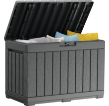 Geöffnete graue Gartenbox aus Kunststoff mit Kissen