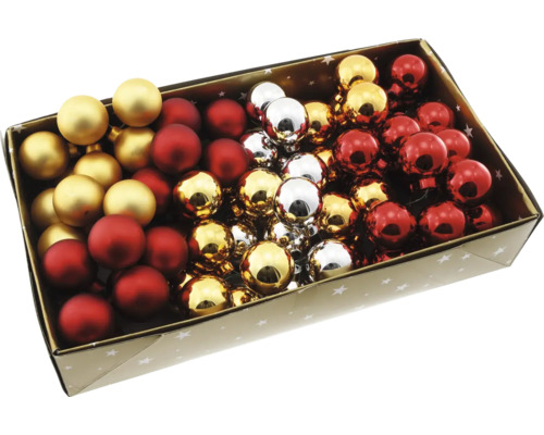 Kiste mit Christbaumkugeln in Gold, Rot und Silber