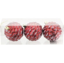 Drei rote Tannenzapfen-Weihnachtsbaumkugeln in transparenter Verpackung