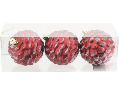 Drei rote Tannenzapfen-Weihnachtsbaumkugeln in transparenter Verpackung